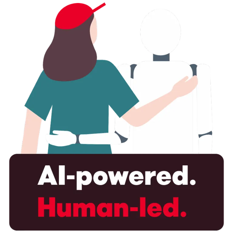 Egy illusztráció egy embert ábrázol, aki barátságosan átkarol egy robotot. Alatta az "AI-powered. Human-led." szöveg látható, amely az emberek és a mesterséges intelligencia közötti együttműködést szimbolizálja.