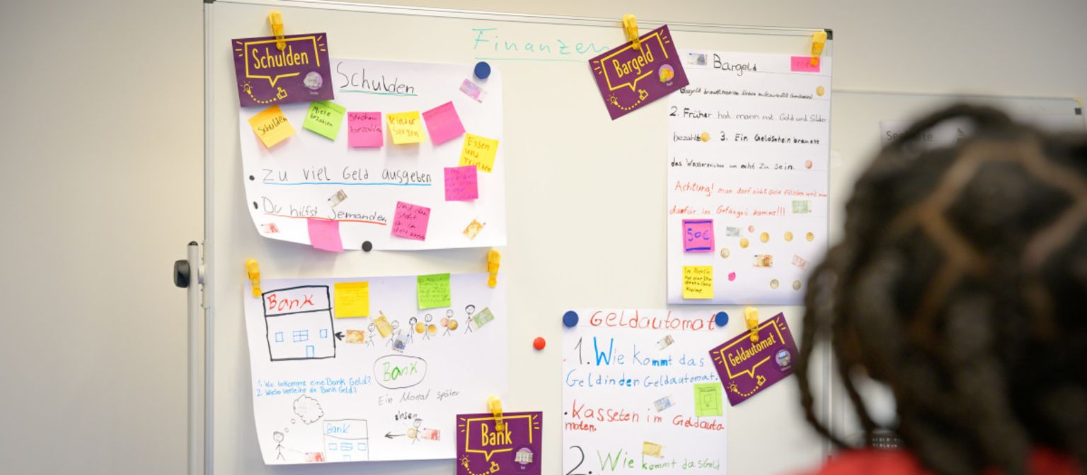 A photo shows post-its and paper notes on a board with terms like “Debt”, “Cash”, “Bank” and “ATM”. Underneath, the text reads: “In the ManoMoneta program developed by the EOS finlit foundation, schoolchildren aged 9 to 13 can learn about financial products.“
