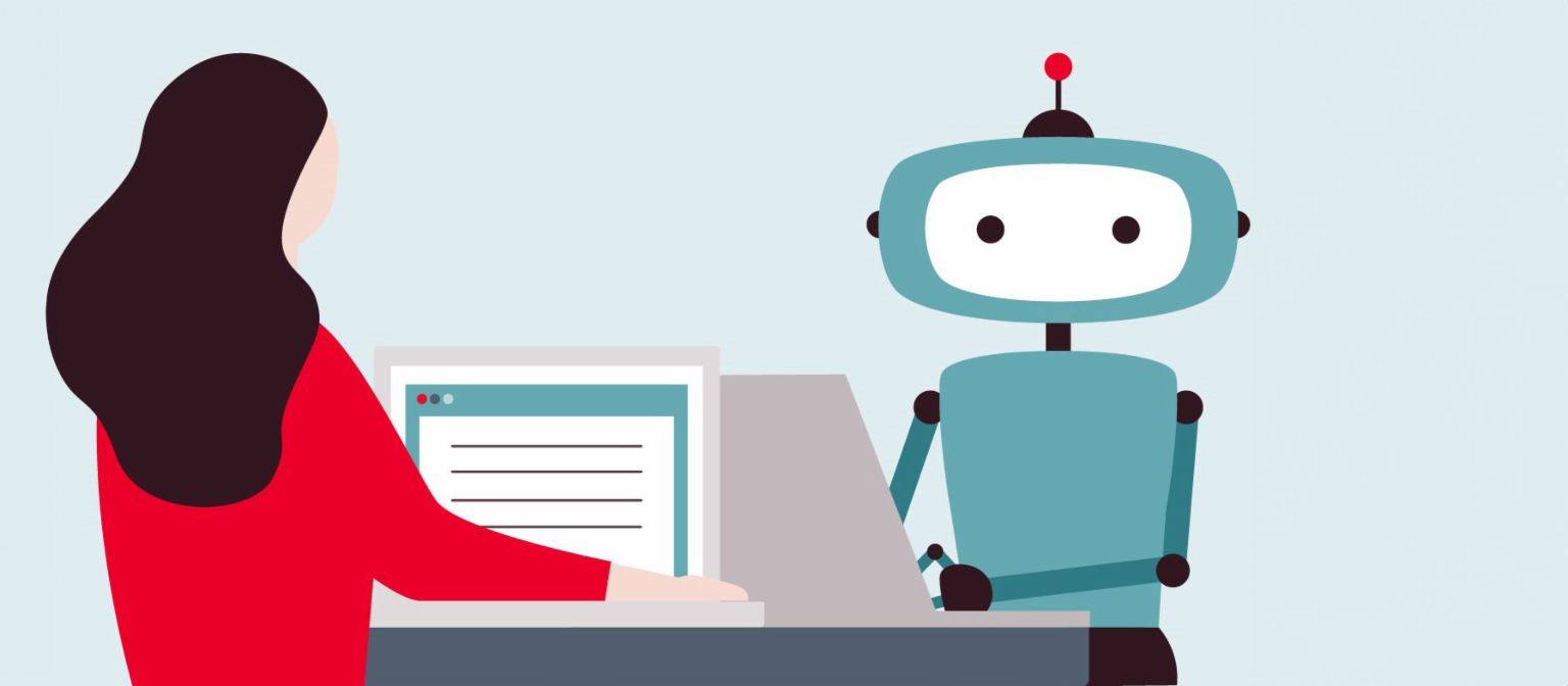 Illusztráció egy nőről, aki a számítógép előtt egy robotot néz