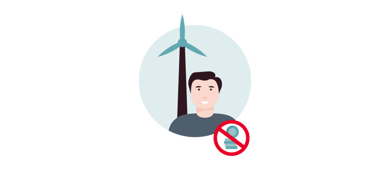 Az 1. infografika egy szélturbinát mutat egy energiaszolgáltató szimbólumaként, egy személyt – a vállalkozót – és egy áthúzott pénzkupacot.