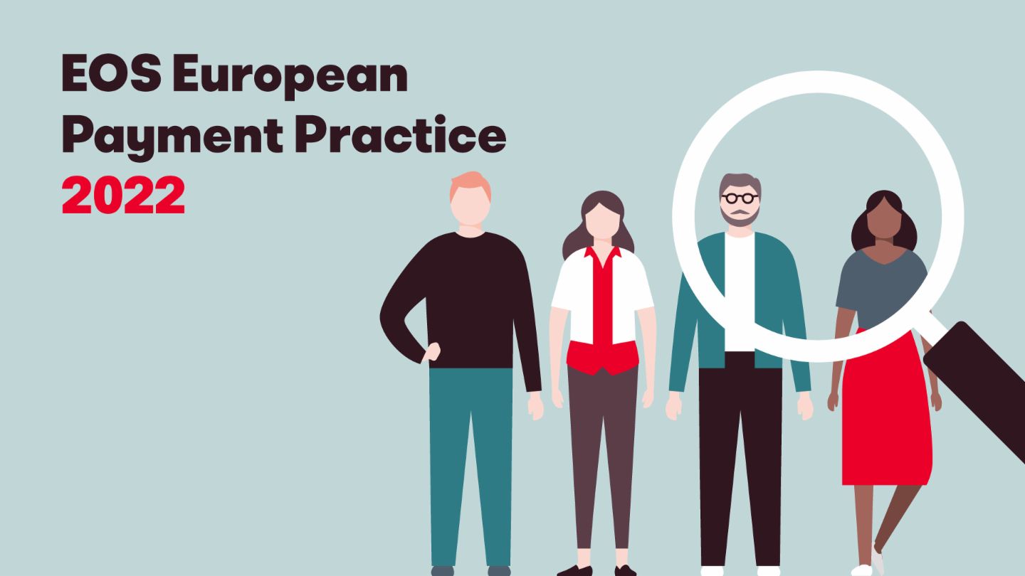 Illusztráció, amely négy különböző személyt és egy nagyítót ábrázol, a "European Payment Practise EOS study 2022" szöveggel kísérve. Ez a kép az EOS éves felmérését mutatja be az európai fizetési szokásokról és trendekről.