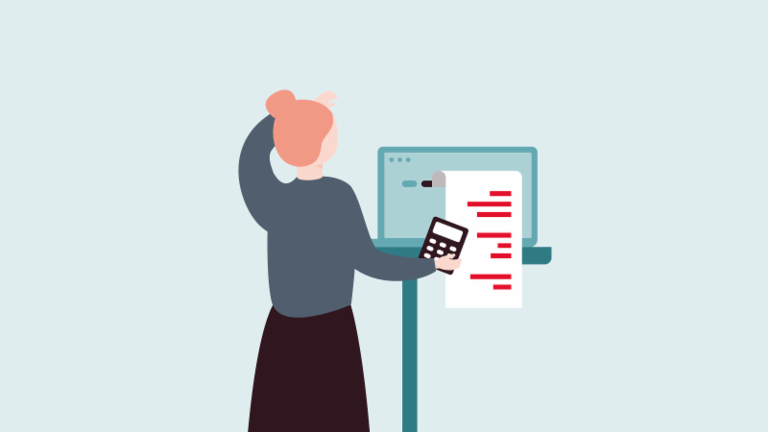 An image illustrates the financial insecurity of women amid the crisis: A woman with a calculator looks at a bill and holds her head worriedly.