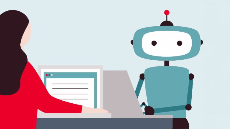 Illusztráció egy nőről, aki a számítógép előtt egy robotot néz