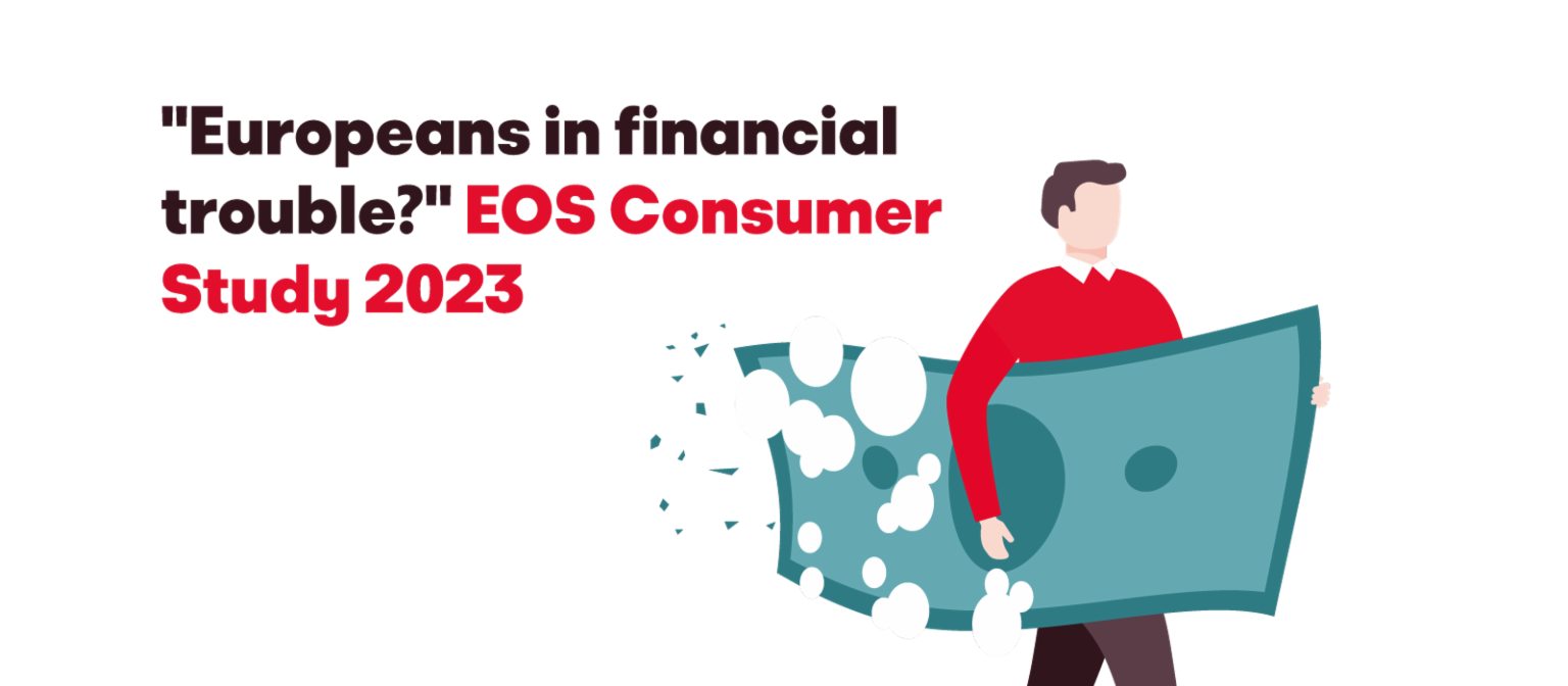 Illusztráció egy férfiról, aki egy nagy feloldódó bankjegyet visz, a szöveggel: 'Európaiak pénzügyi bajban? EOS Consumer Study 2023'.