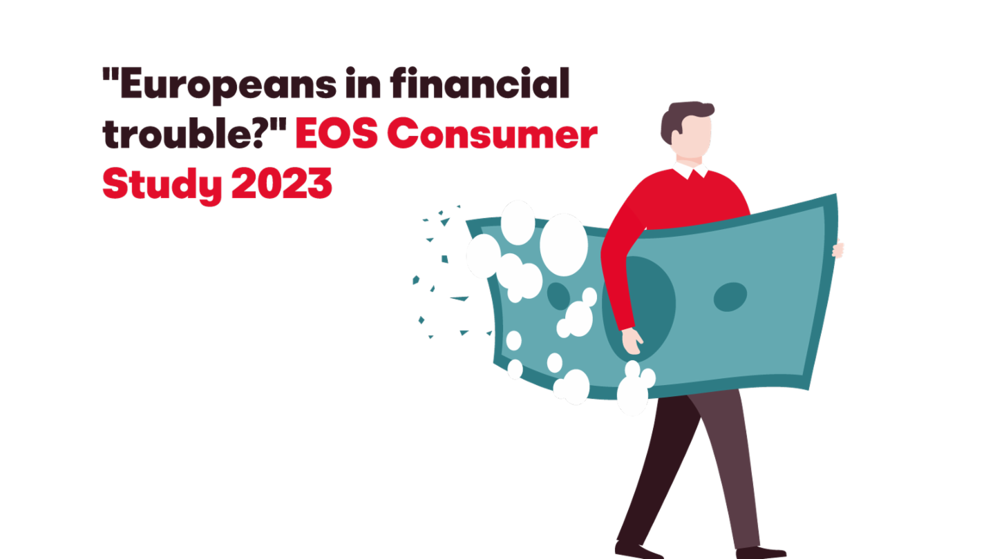 Illusztráció egy férfiról, aki egy nagy feloldódó bankjegyet visz, a szöveggel: 'Európaiak pénzügyi bajban? EOS Consumer Study 2023'.